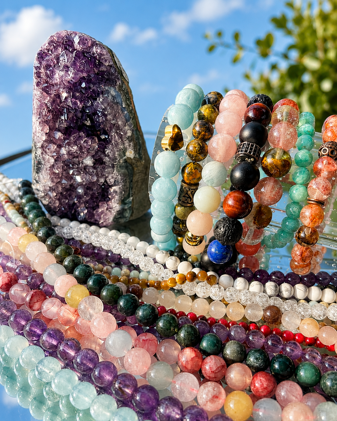 Handcrafted beaded gemstone bracelets with an amethyst geode