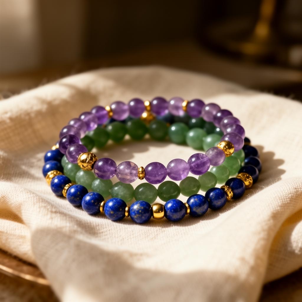 Handcrafted beaded bracelets in amethyst, jade and lapis